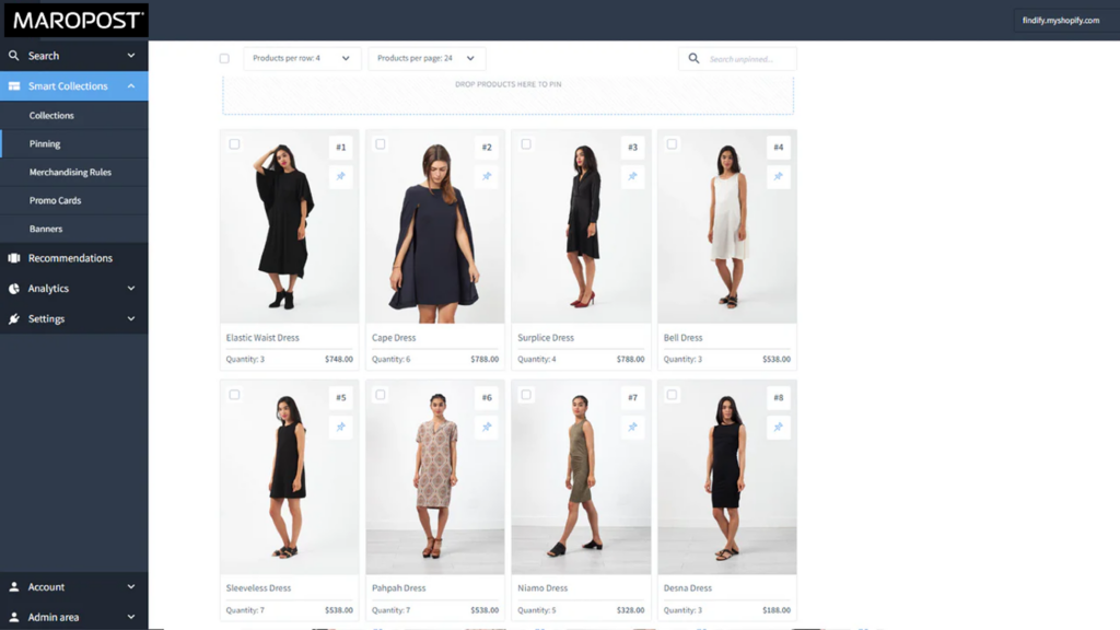 Product merchandising interface with smart collections and search functionality for retail products.