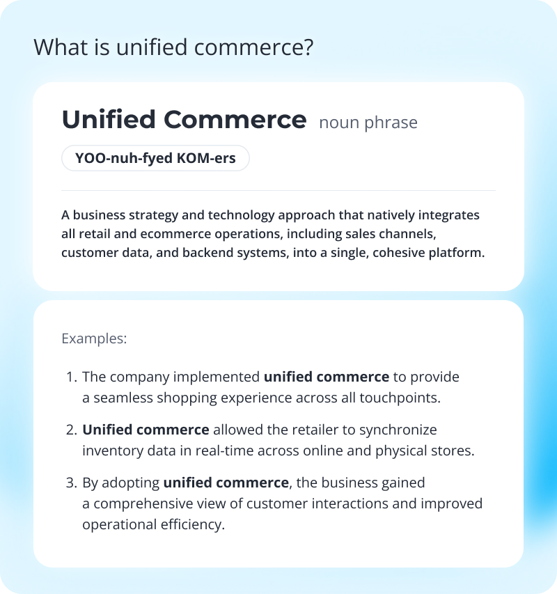 Unified commerce definition with pronunciation and examples in a dictionary-style format.